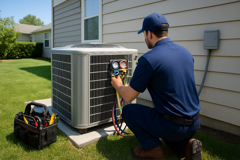 AC repair in Pleasanton โ technician checking refrigerant pressure on an outdoor AC condenser