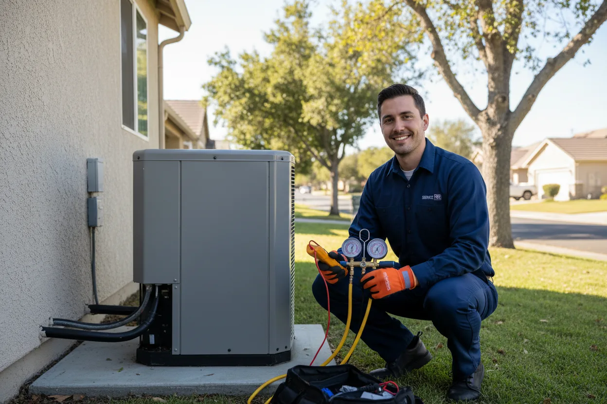 Pleasanton HVAC repair โ Yourk technician servicing an outdoor AC and heat pump unit