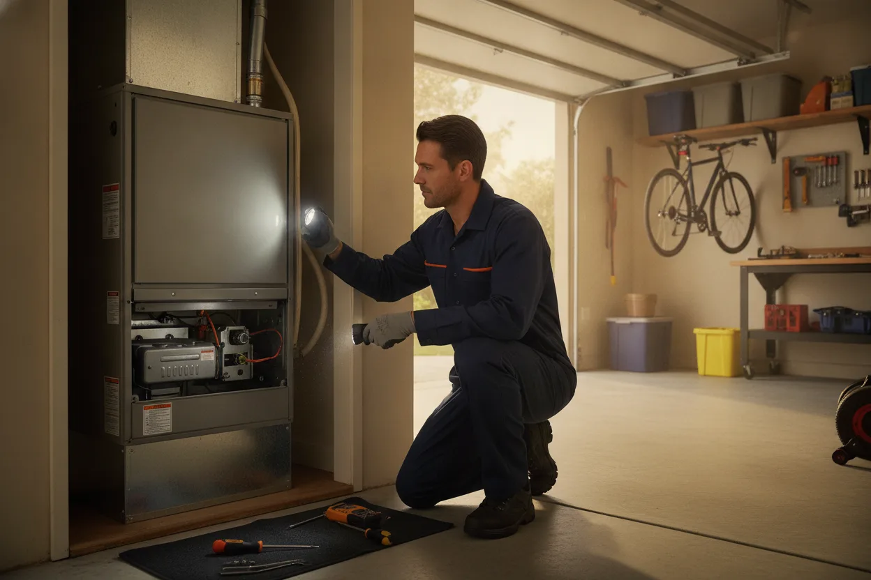 Pleasanton HVAC technician inspecting a furnace and air handler