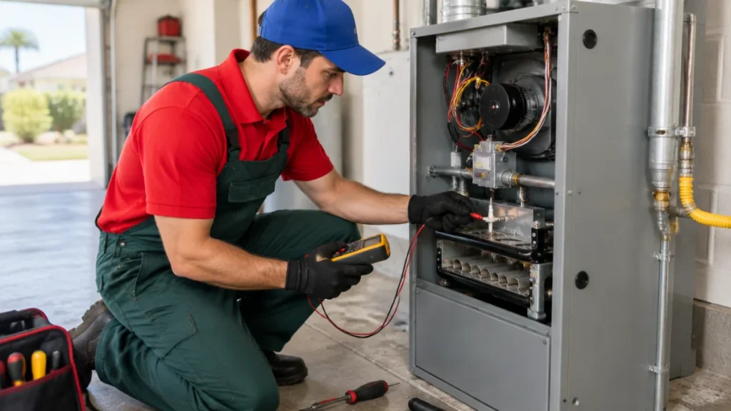 Heater Repair Modesto β Yourk AC technician repairing a furnace